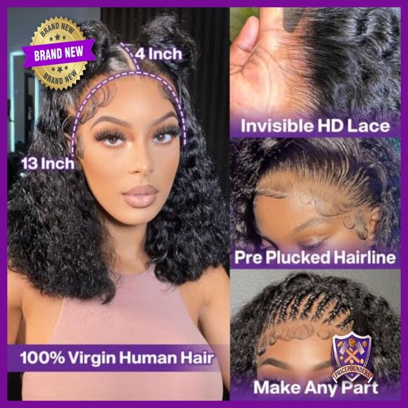 Glueless Lace Front Wig Human Hair Deep Wave Bob 14 Inch main image 4
